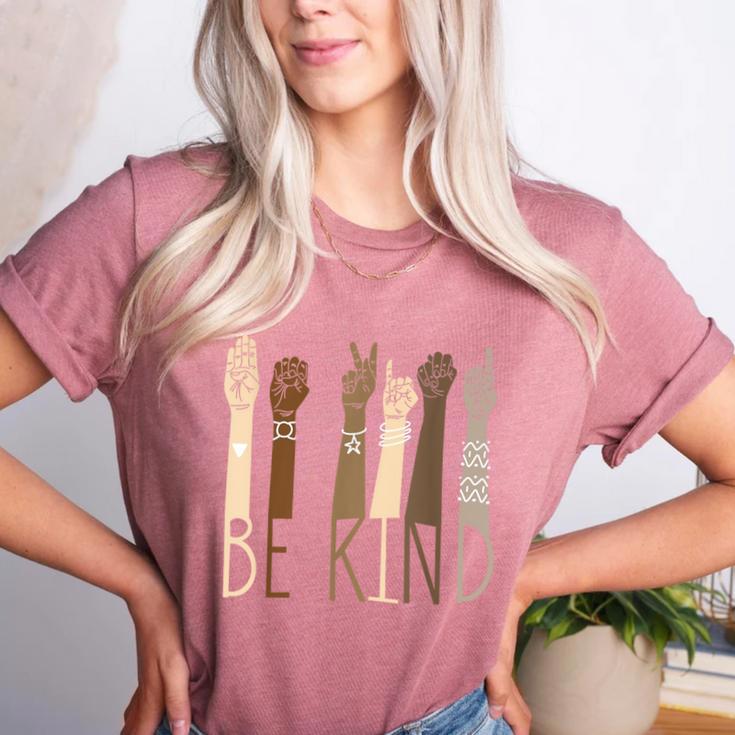 Be Kind Sign Language Hand Talking Teachers Interpreter ASL Men Women Women's Heather T-Shirt