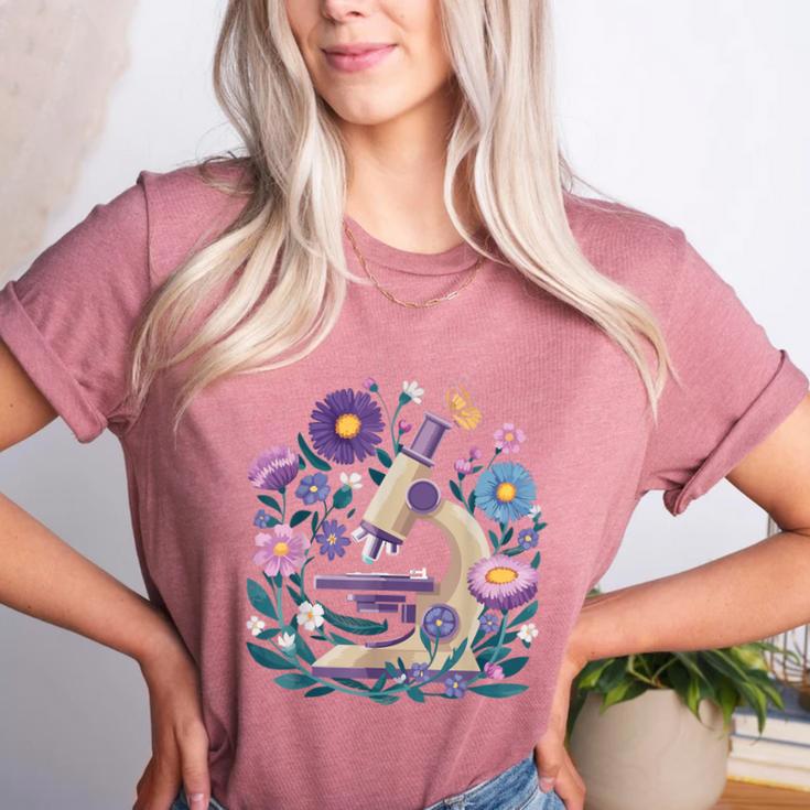 Microscope Flower Butterfly Biology Science Teacher Student Women's Heather T-Shirt