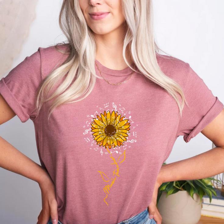 Music Teacher Shirt Sunflower Music Notes Musician Singer Women's Heather T-Shirt