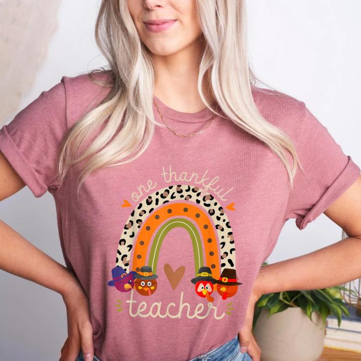 One Thankful Teacher Thanksgiving Turkey Rainbow Fall Women's Heather T-Shirt
