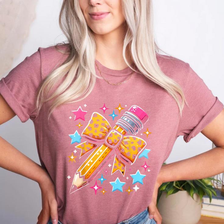 Pencil Leopard Coquette Bow Teacher Life Back To School Women's Heather T-Shirt