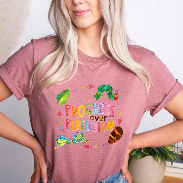 Progress Over Perfection Caterpillar Teacher Back To School Women's Heather T-Shirt