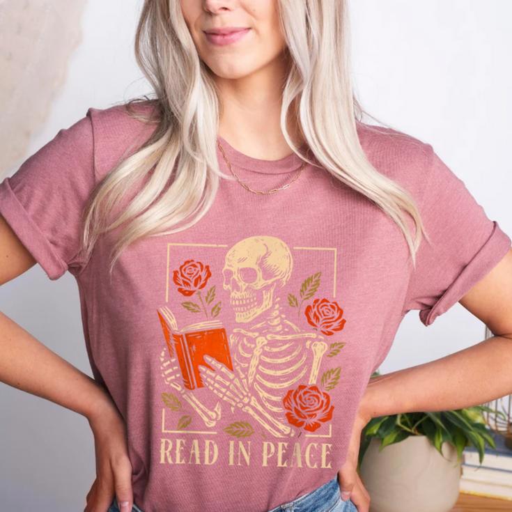 Read In Peace Skeleton Reading Book Halloween Teacher Women's Heather T-Shirt