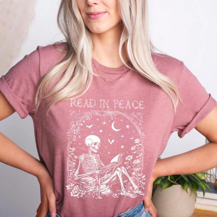 Read In Peace Skeleton Reading Teacher Spooky Halloween Women's Heather T-Shirt