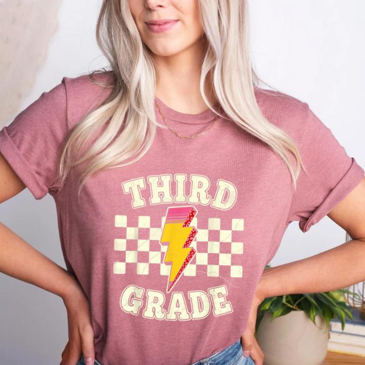 Retro Third Grade Teacher Lightning Bolt Pencil Teacher Kids Women's Heather T-Shirt