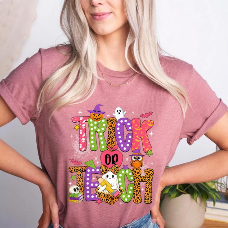 Retro Trick Or Teach Leopard Ghost Halloween Spooky Teacher Women's Heather T-Shirt
