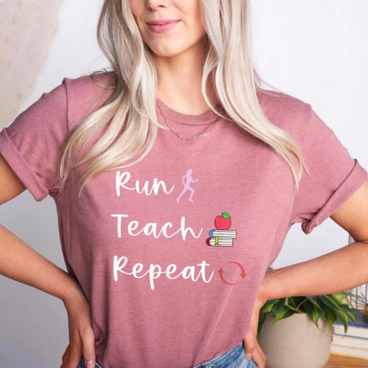 Run Teach Repeat Teacher Running Saying Slogan Runner Women's Heather T-Shirt