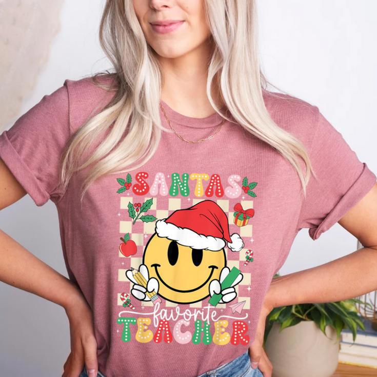 Santas Favorite Teacher Retro Groovy Smile Face Christmas Women's Heather T-Shirt