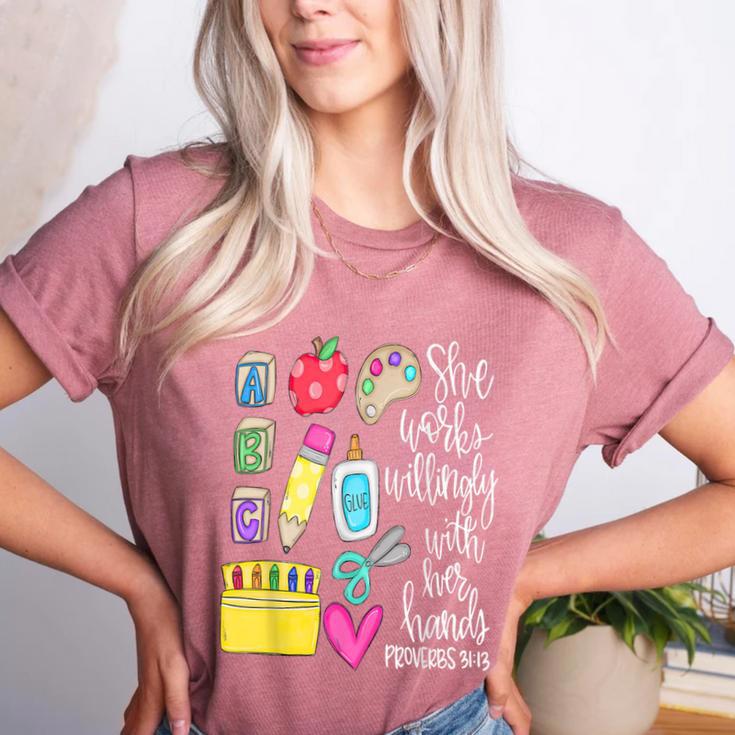 She Works Willingly With Her Hands Proverbs Daycare Teacher Men Women Women's Heather T-Shirt