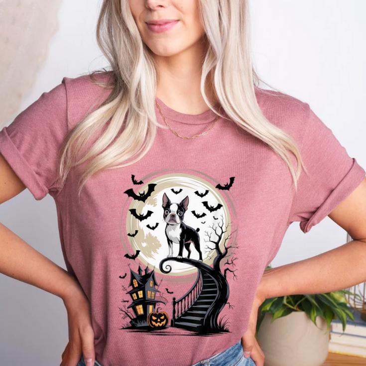 Spooky Halloween Moon Boston Terrier Boston Bull Bostie Women's Heather T-Shirt
