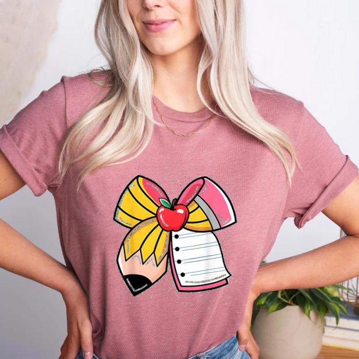 Student Teacher Coquette Bow Pencil Back To School First Day Women's Heather T-Shirt