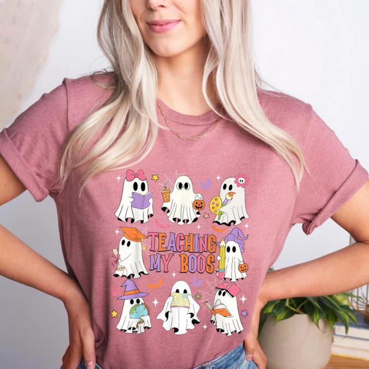 Teaching My Boos Teacher Cute Ghost Groovy Teacher Halloween Women's Heather T-Shirt
