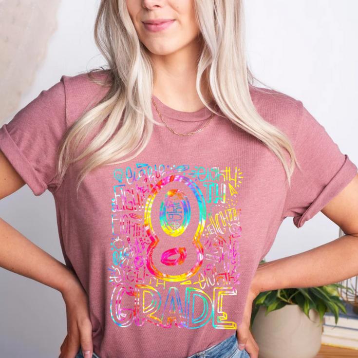 Tie Dye 8th Grade Typography Team Eighth Grade Teacher Women's Heather T-Shirt