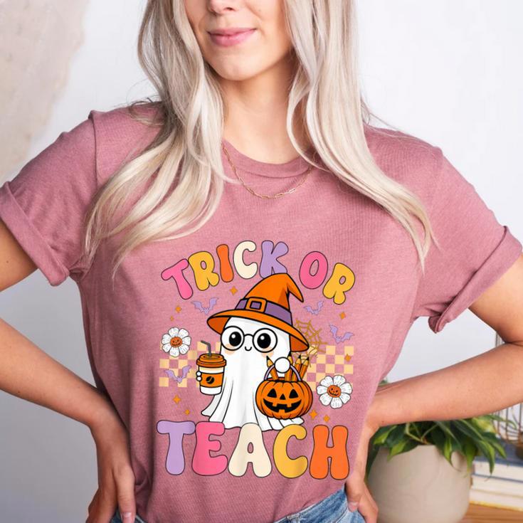 Trick Or Teach Cute Ghost Coffee Pumpkins Halloween Teacher Women's Heather T-Shirt