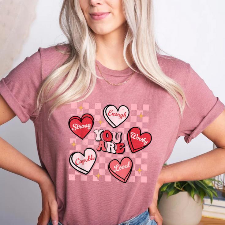 Valentine You Are Loved Worthy Enough Candy Heart Teacher For Men Women Girls Kids Women's Heather T-Shirt