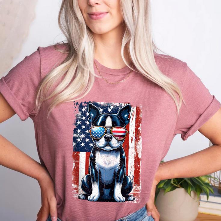 Vintage Boston Terrier Dog American USA US Flag Pets Lovers Women's Heather T-Shirt