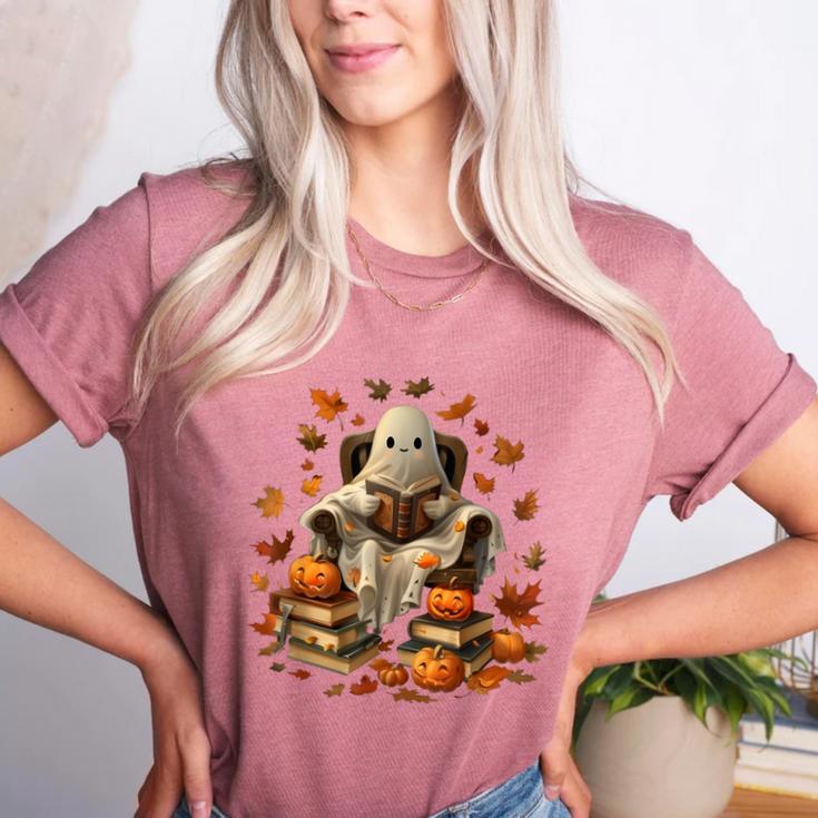 Vintage Ghost Book Reading Pumpkin Gothic Halloween Teachers Men Women Kids Women's Heather T-Shirt