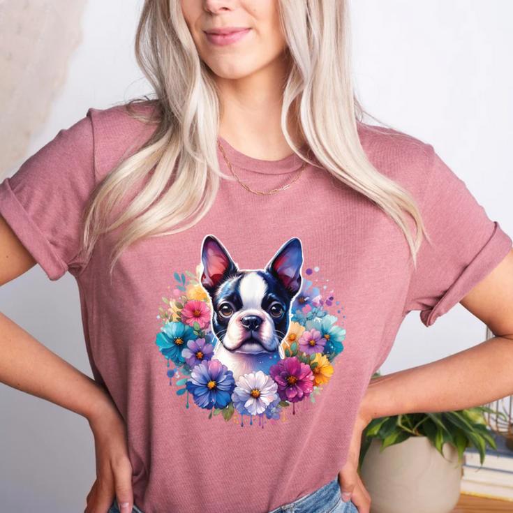 Watercolor Floral Boston Terrier Mama Dog Lover Mother's Day Women's Heather T-Shirt