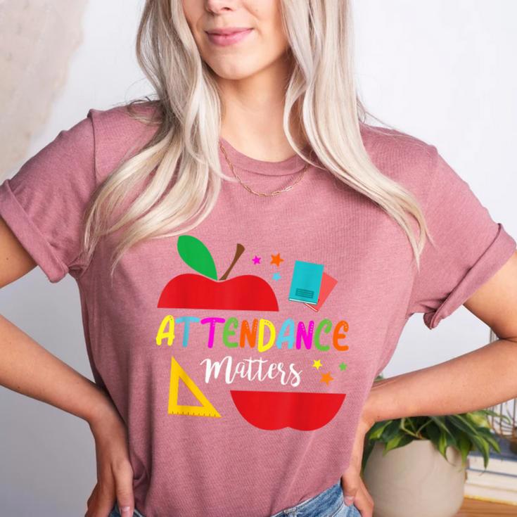 Attendance Matters Teacher Apple For Back To School Women's Heather T-Shirt Attendance Matters Teacher Apple For Back To School Women's Heather T-Shirt