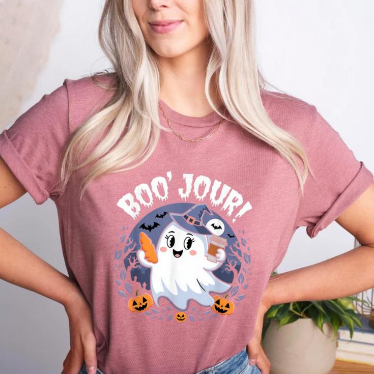 Boo Jour Ghost Halloween French Teacher Cute Coffe Croissant Women's Heather T-Shirt Boo Jour Ghost Halloween French Teacher Cute Coffe Croissant Women's Heather T-Shirt
