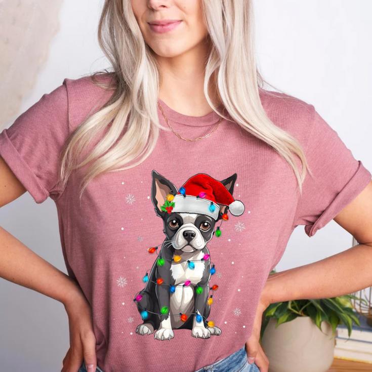 Boston Terrier Christmas Santa Hat Tree Lights Pajama Women's Heather T-Shirt