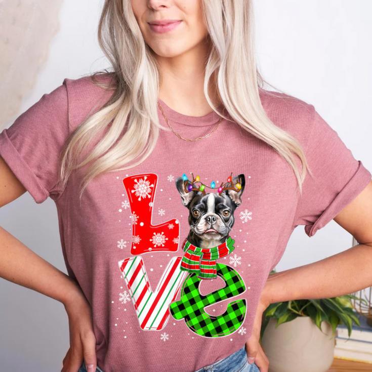 Boston Terrier Christmas Tree Lights Santa Dog Xmas For Men Women Kids Women's Heather T-Shirt