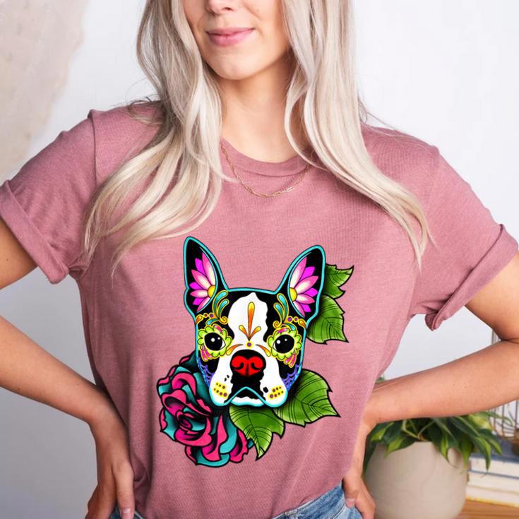 Boston Terrier In Day Of The Dead Sugar Skull Dog Women's Heather T-Shirt