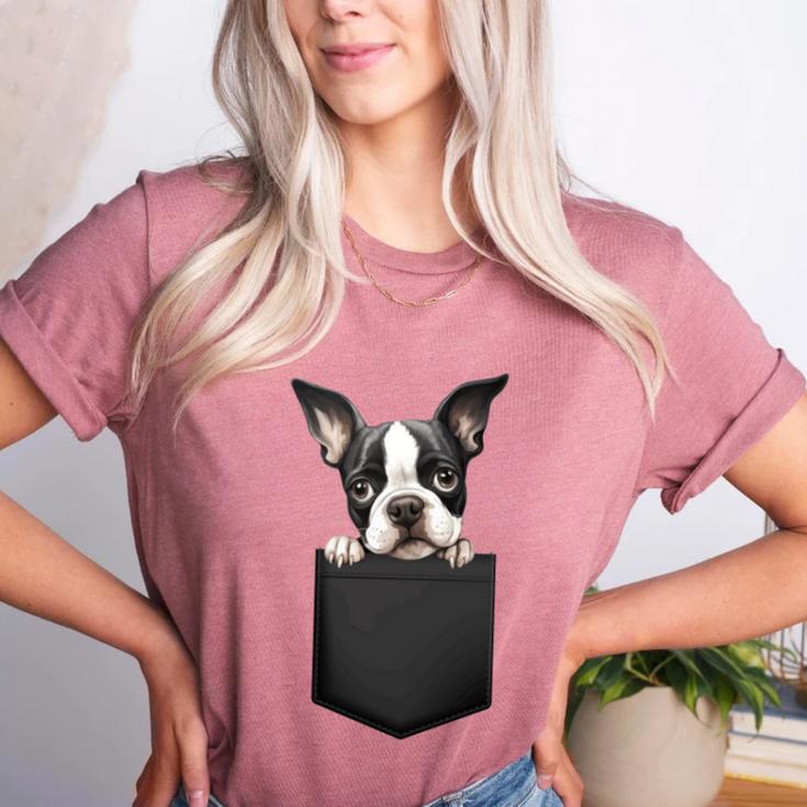 Boston Terrier Dog Puppy Dog In Pocket Cute Pet Lover Women's Heather T-Shirt