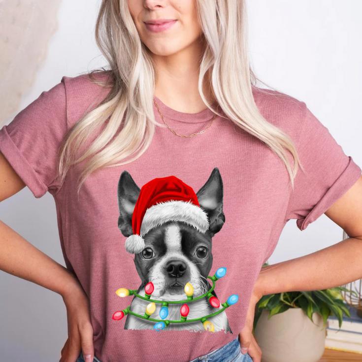 Boston Terrier Dog Santa Christmas Tree Lights Xmas Women's Heather T-Shirt
