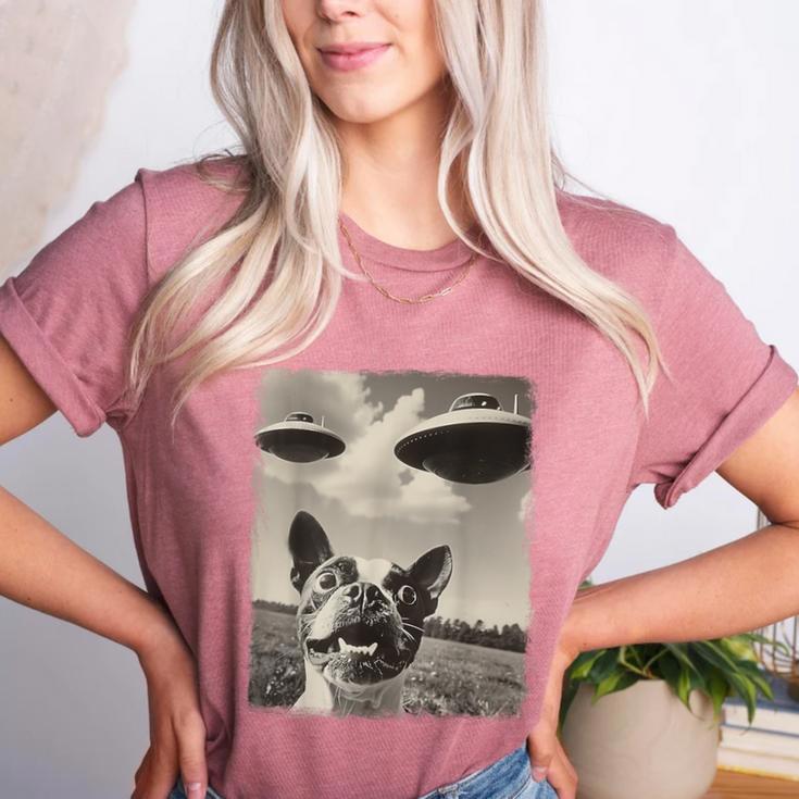 Boston Terrier Dog UFO Alien Extraterrestrial Selfie Women's Heather T-Shirt