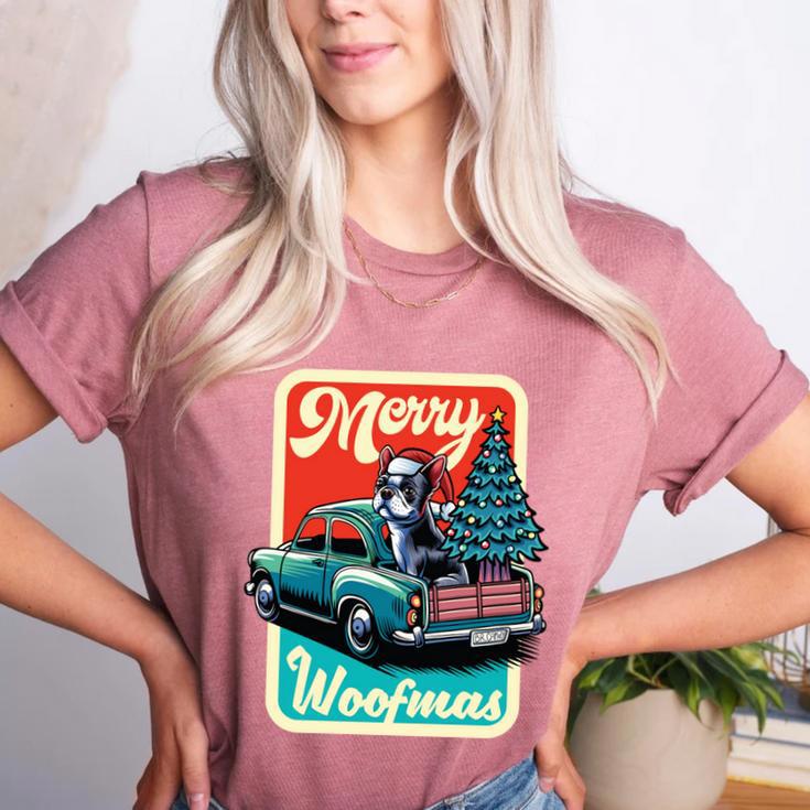 Boston Terrier Merry Christmas Tree Truck Santa Dog X-Mas Women's Heather T-Shirt