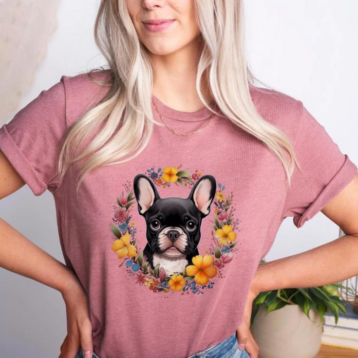 Boston Terrier Mom Floral Bostie Dog Lover Flowers Cute Women's Heather T-Shirt