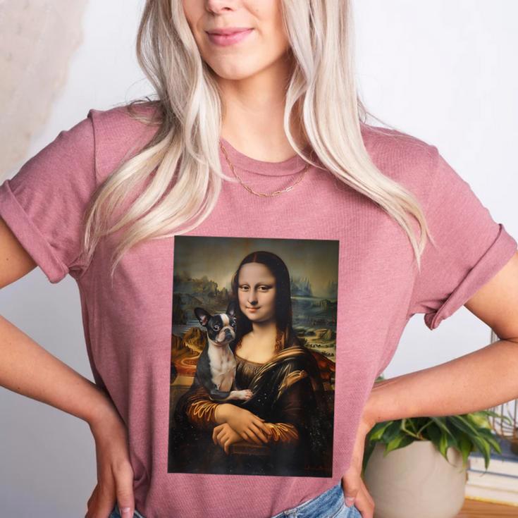 Boston Terrier Mona Lisa Painting Art Dog Mom Dad For Men Women Kids Women's Heather T-Shirt