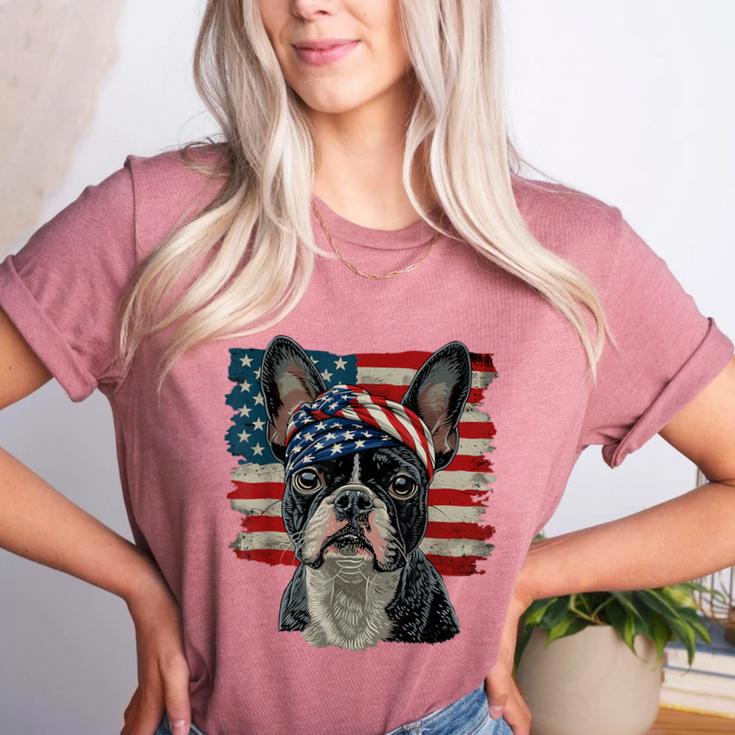 Boston Terrier Patriotic 4th Of July USA American Flag Women's Heather T-Shirt