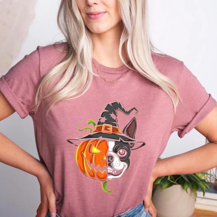 Boston Terrier Pumpkin Jack O Lantern Halloween Women's Heather T-Shirt