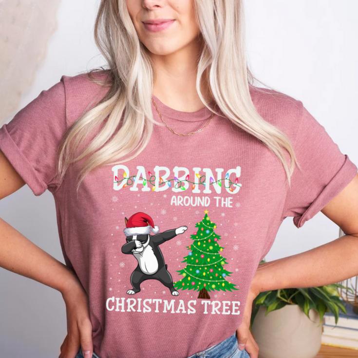 Boston Terrier Santa Hat Dabbing Around The Christmas Tree Women's Heather T-Shirt