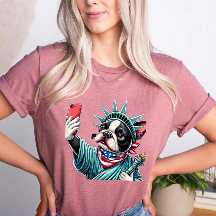 Boston Terrier Selfie Statue Of Liberty 4th Of July American Women's Heather T-Shirt