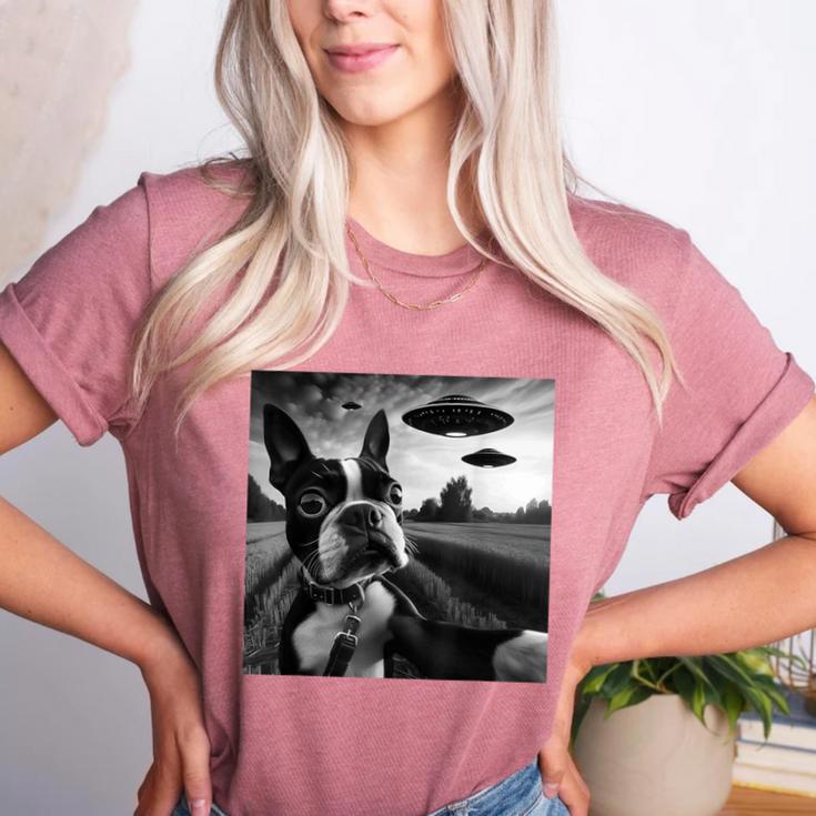 Boston Terrier Graphic Selfie With UFOs Weird Aliens Women's Heather T-Shirt