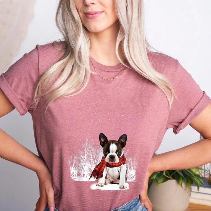Boston Terrier In The Snow Merry Christmas Winter Women's Heather T-Shirt