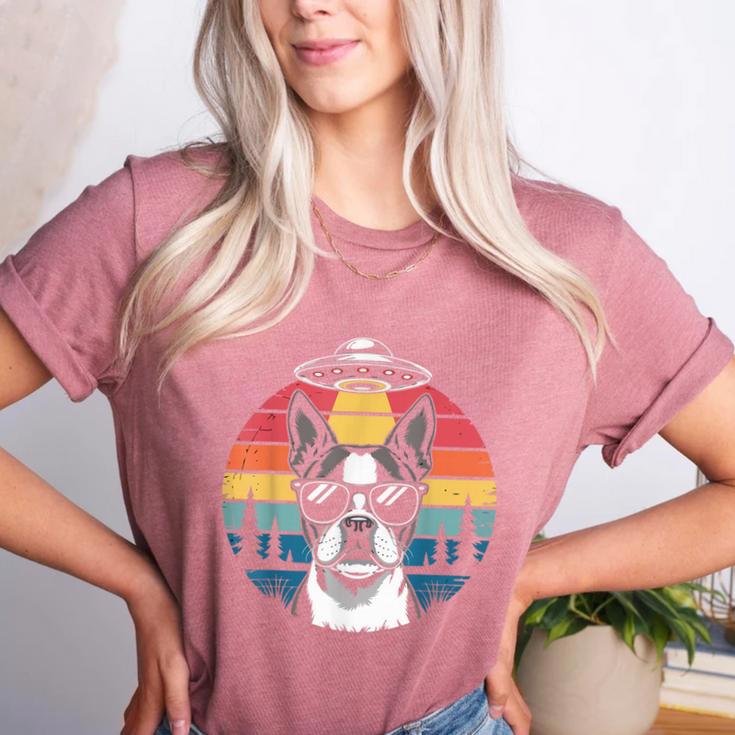 Boston Terrier UFO Alien Boston Terrier Dog Mom Dad Women's Heather T-Shirt
