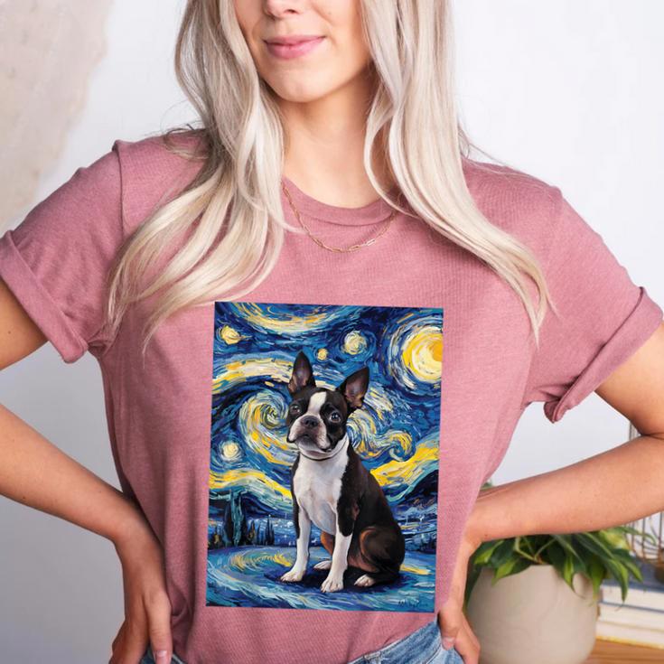Boston Terrier Van Gogh Starry Night Women's Heather T-Shirt