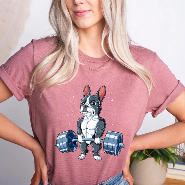 Boston Terrier Weightlifting Deadlift Men Fitness Gym Women's Heather T-Shirt