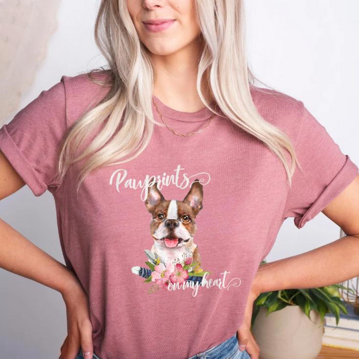 Brown Boston Terrier With Flowers And Feathers Women's Heather T-Shirt