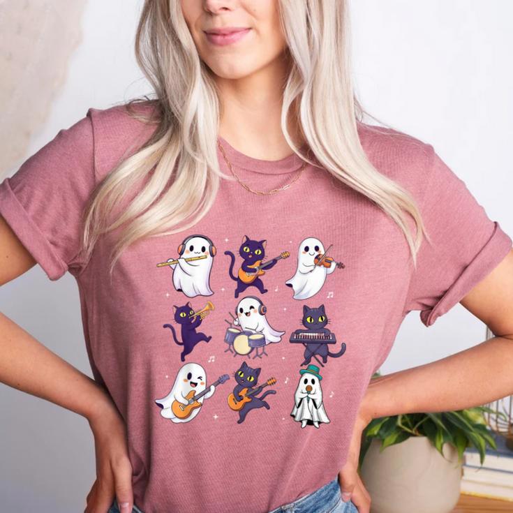 Cute Ghost Cat Playing Musical Halloween Music Teacher Women's Heather T-Shirt Cute Ghost Cat Playing Musical Halloween Music Teacher Women's Heather T-Shirt