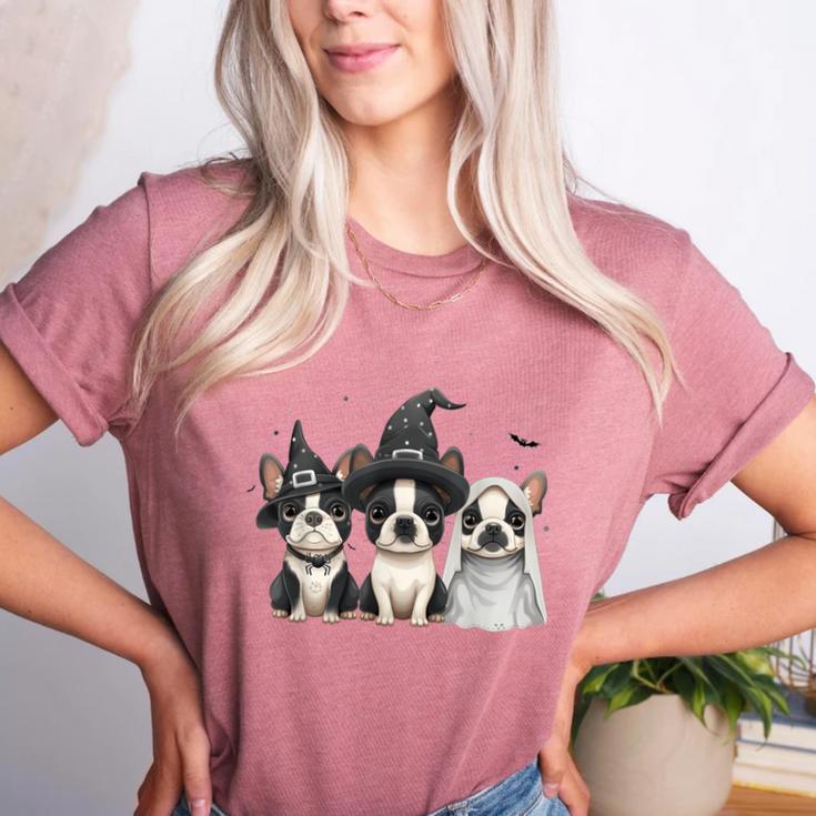 Cute Halloween Boston Terrier Dogs Witch Hat Ghost Dog For Men Women Kids Women's Heather T-Shirt