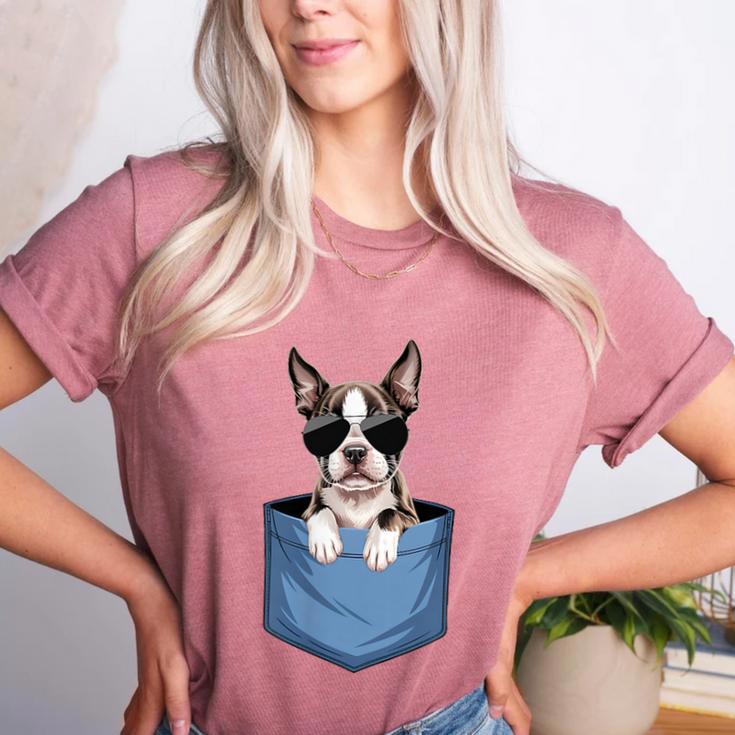 Cute Pocket Boston Terrier Lover Dog Mom Women's Heather T-Shirt