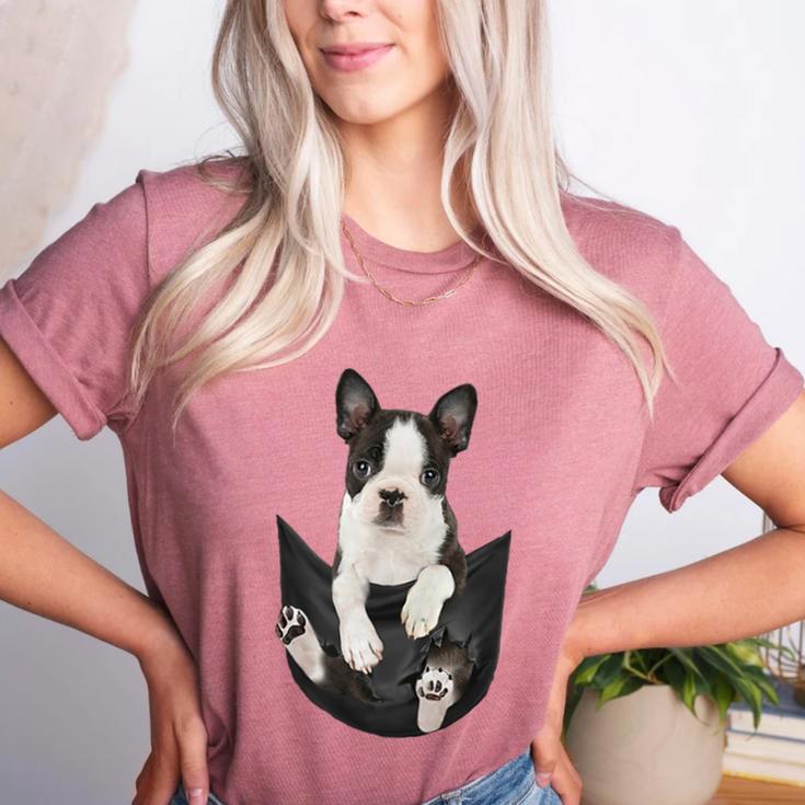 Dog Lovers Boston Terrier In Pocket Dog Face For Men Women Kids Women's Heather T-Shirt