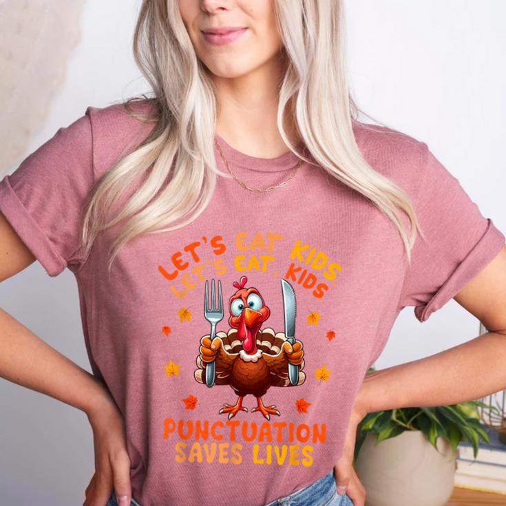 Eat Kids Punctuation Saves Lives Thanksgiving Turkey Teacher Women's Heather T-Shirt