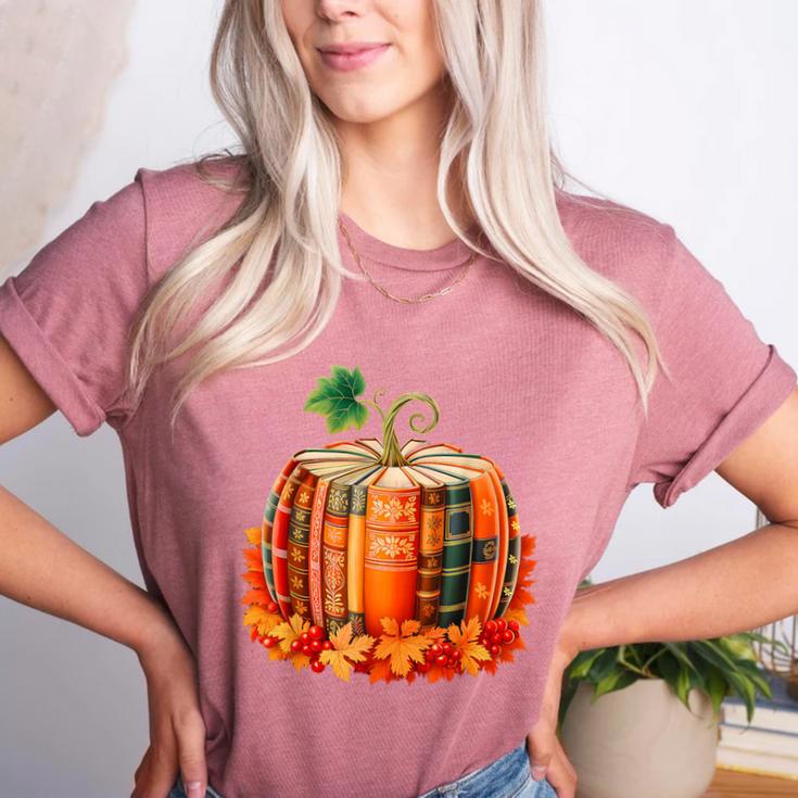 Fall Book Autumn Reading Teacher Halloween Pumpkin Season Women's Heather T-Shirt