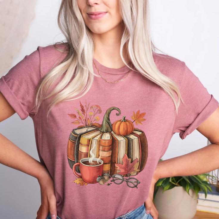 Fall Book Pumpkin Retro Reading Halloween Teacher Women's Heather T-Shirt Fall Book Pumpkin Retro Reading Halloween Teacher Women's Heather T-Shirt